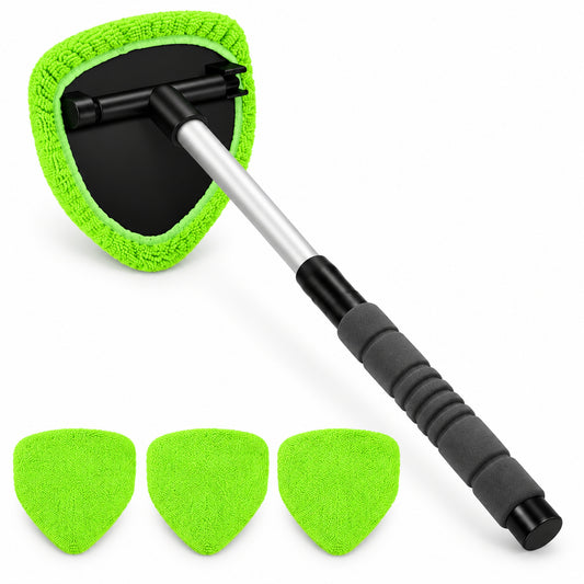 Telescopic windshield cleaning tool with one microfiber pad on the head and three spare pads